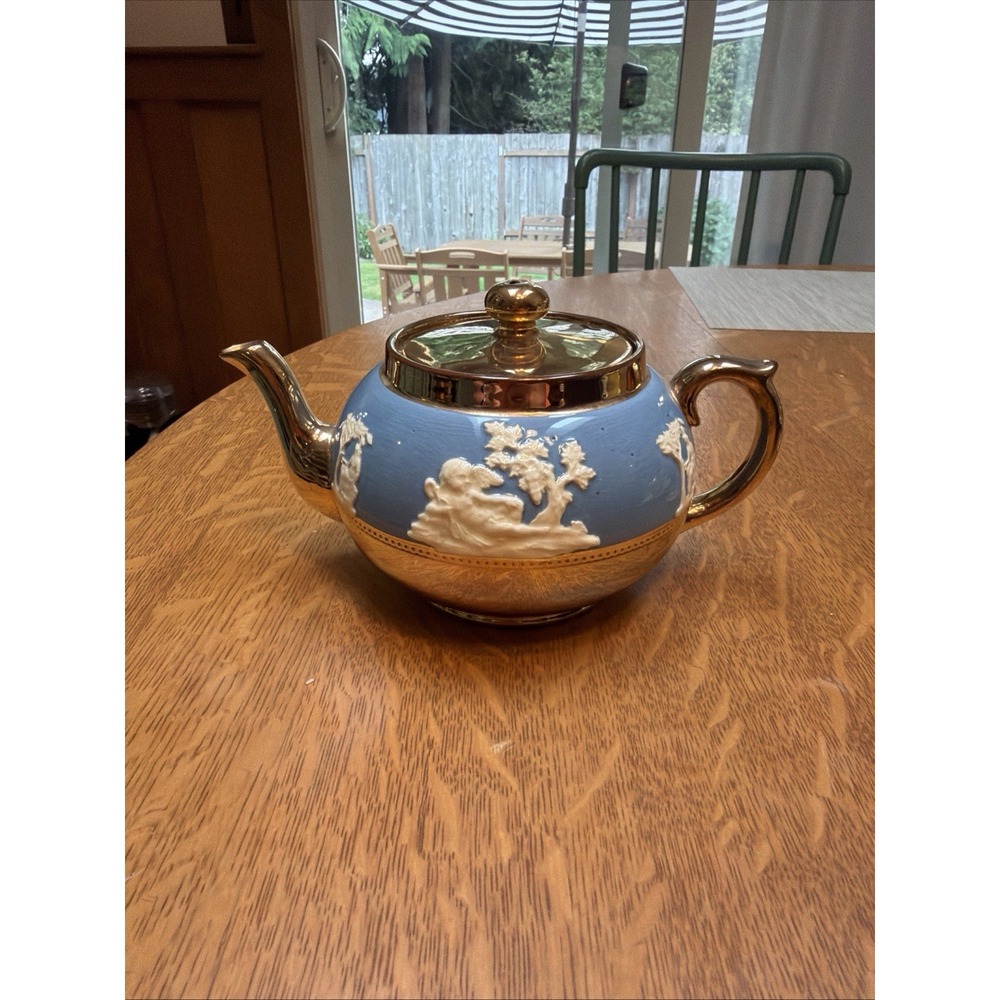 Gibson's England Gold And Blue Jasperware Style Teapot Gold Lustre Excellent